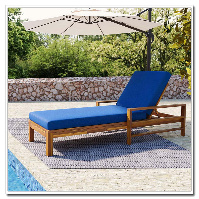 Acacia Wood Adjustable Backrest Outdoor Lounge Chair, Natural+ Blue