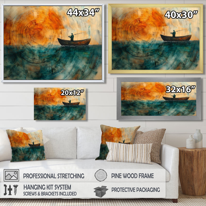 Fishing Tranquility Wooden Slide Landscape I - Boat Fishing Wall Art, Single Picture Framed, Black, 12" H x 20" W