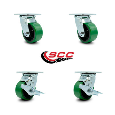 4 Piece Poly on Cast Iron Caster Set with Ball Bearings and Brakes