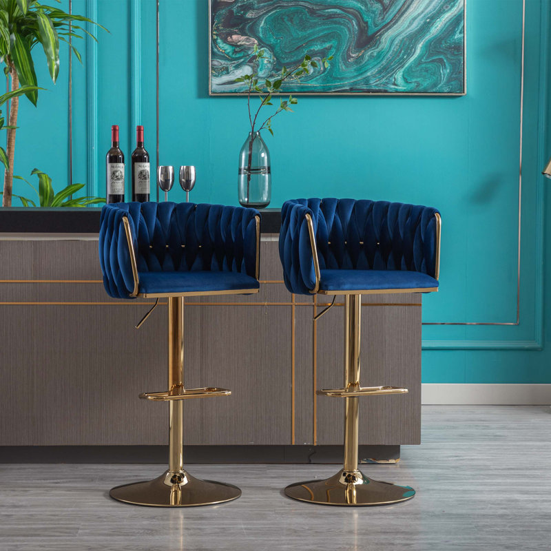 Chrome Footrest and Base Swivel Height Adjustable Mechanical Lifting Velvet + Golden Leg Simple Bar Stool, Navy