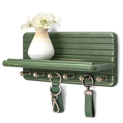 Support mural en bois de pin, porte-clés décoratif pour mur avec 6 crochets (vert)