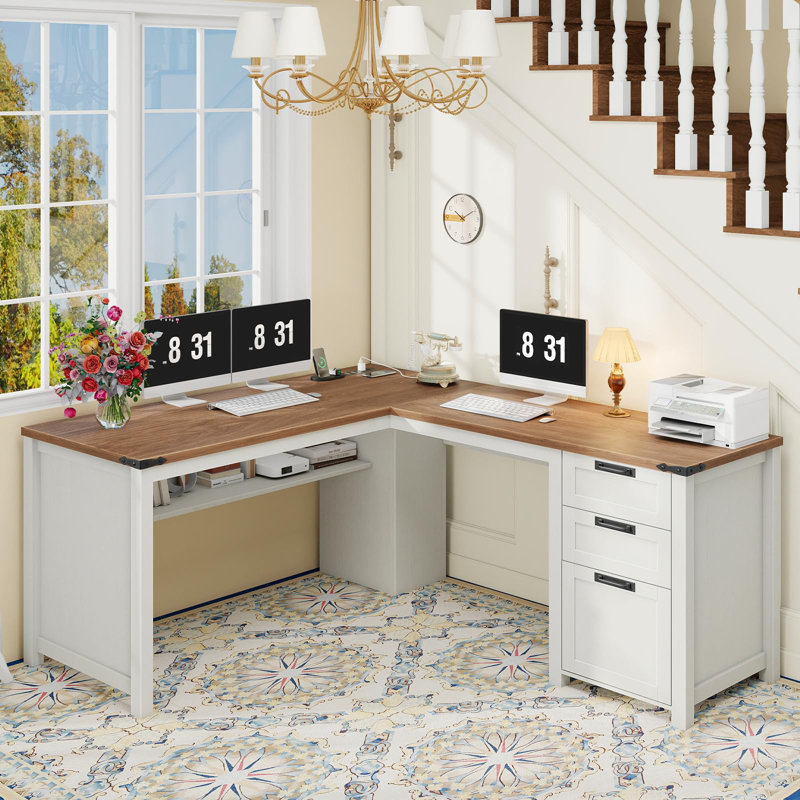 Bureau de direction en L Farmhouse avec tiroirs et tablette de rangement, Brun