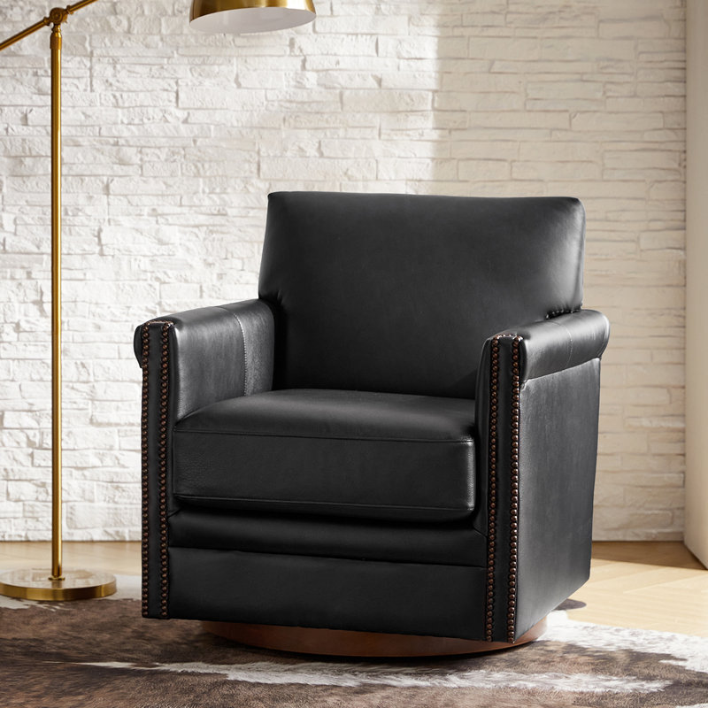 Chaise pivotante en cuir véritable de 29,5 po avec base en bois massif Dyal, Cuir véritable noir