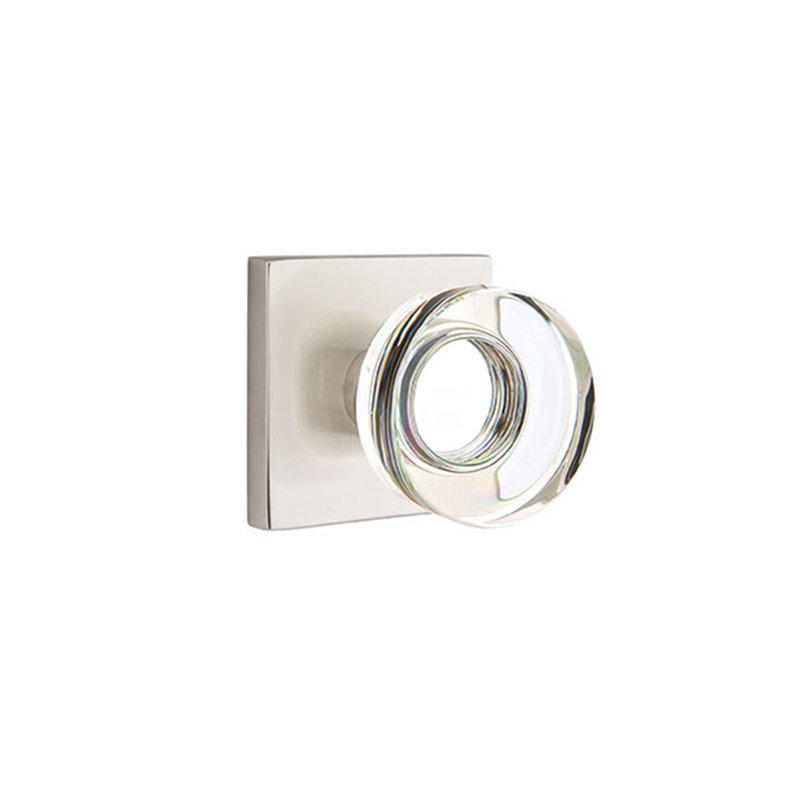 Ensemble de faux boutons Emtek avec rosette carrée et poignée moderne en verre à disque, Nickel satiné