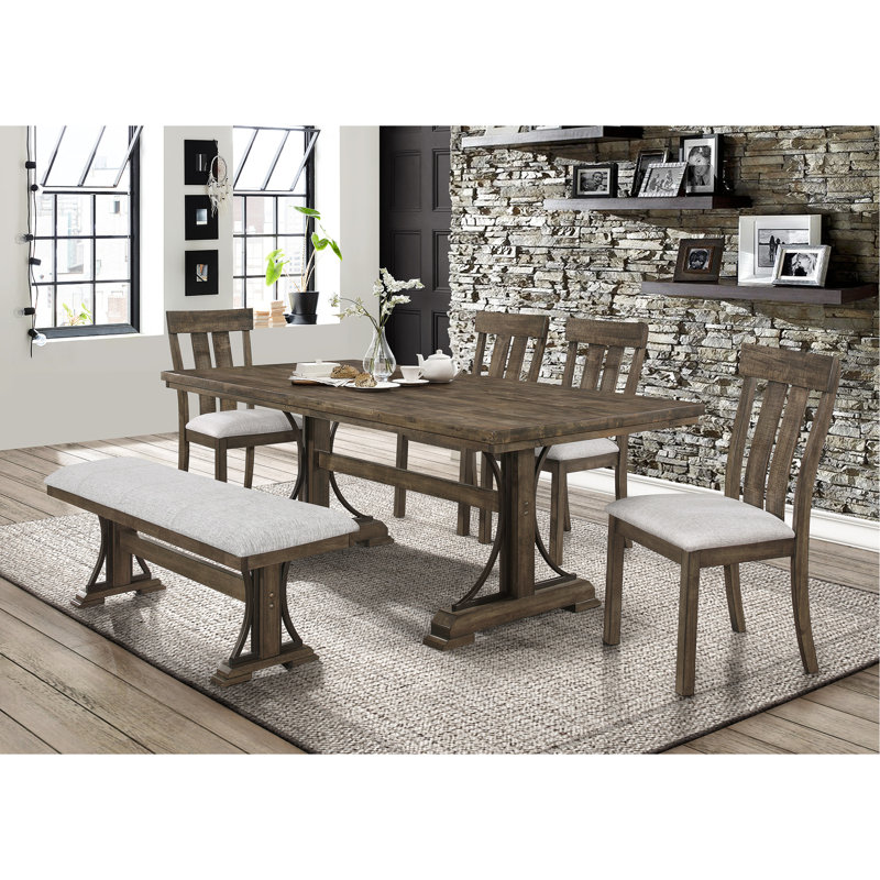Table de salle à manger de style industriel en bois rectangulaire, finition brune, base à tréteaux, accents métalliques incurvés, table à 6 places avec caractère, brun, 6 po, solide