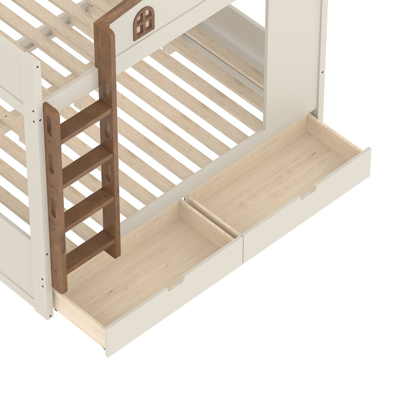 Lit superposé double au-dessus de double avec tiroirs et tablettes de rangement, lits superposés en bois massif avec crochets, aucun sommier nécessaire, beige et naturel