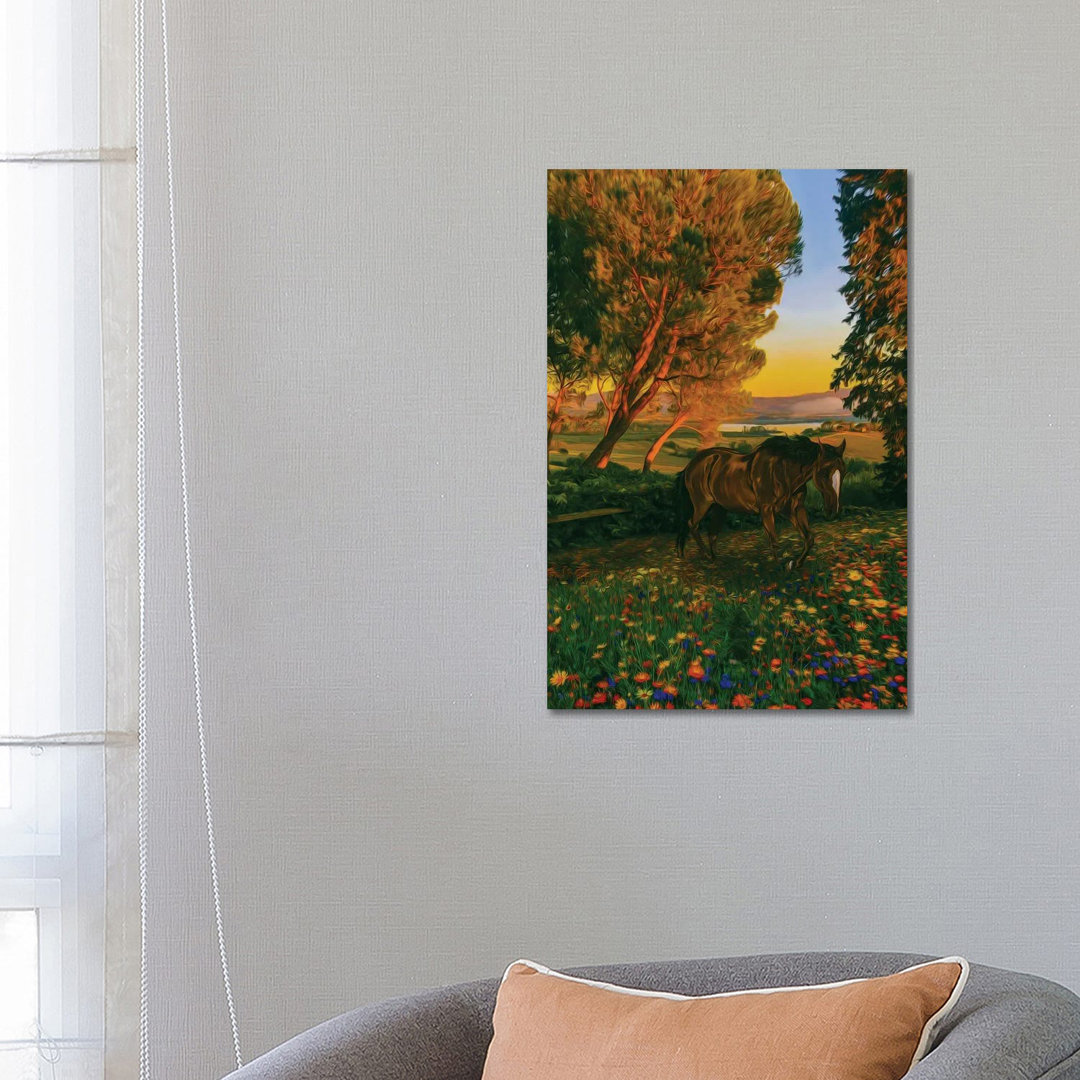 Wildes Fohlen in einer blühenden Wiese im Wald von Ievgeniia Bidiuk - Ohne Rahmen Galerie-umwickelte Leinwand Giclée auf...