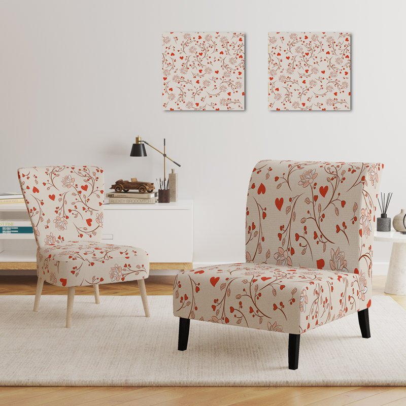 Accent Chair, Beige Floral Pattern Upholstered Decor - Beige Floral Pattern II, Red/Beige