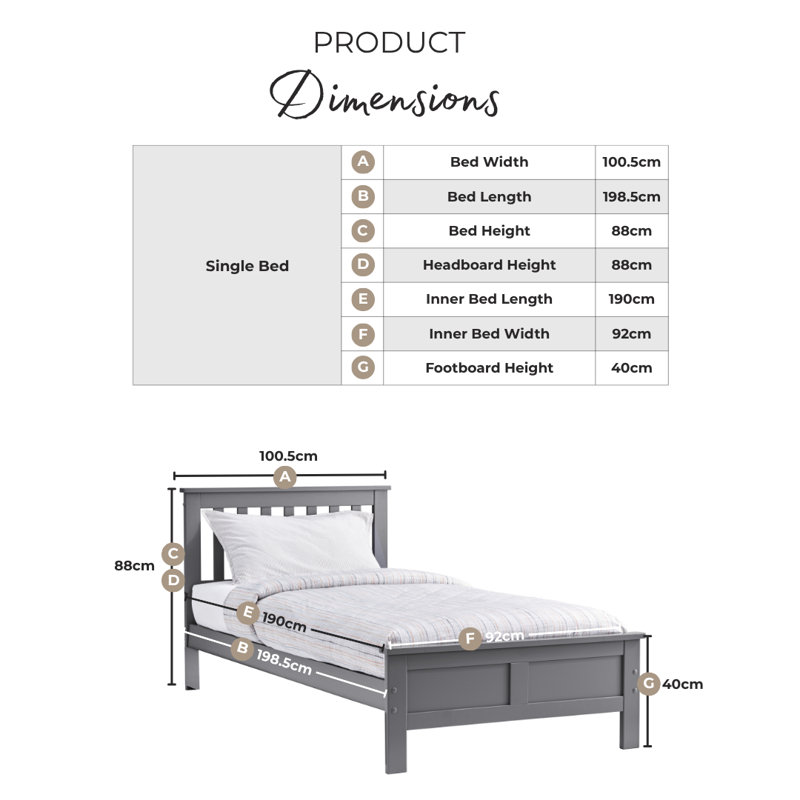 Codman Solid Wood Painted Bed Frame - Modern Farmhouse Style, Single (3'), Grey