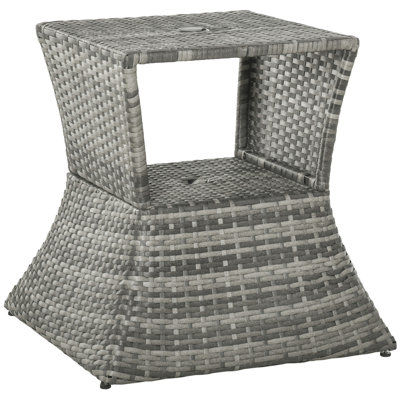 Rattan Wicker Side Table With Umbrella Hole, 2 Tier Storage Shelf For All Weather For Outdoor, Patio, Garden, Backyard