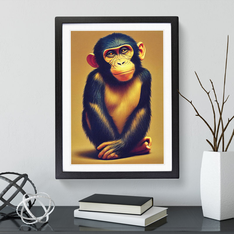 Young Monkey No.2 - Single Picture Frame Painting, 64cm H x 46cm W x 2cm D, Black