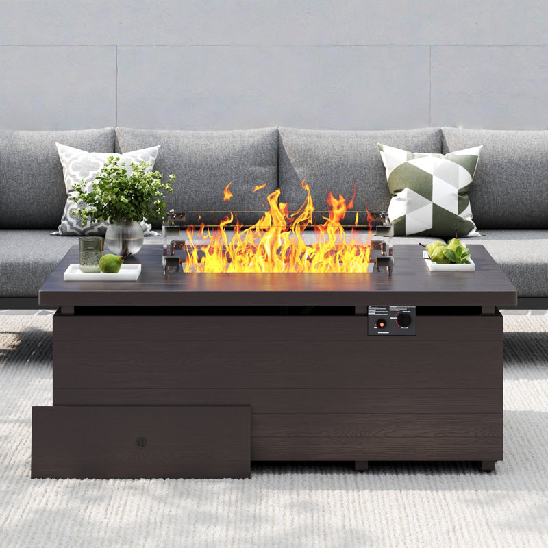 51" H X 21" W Metal Propane Outdoor Fire Pit Table With Cover, Crystals, Brown