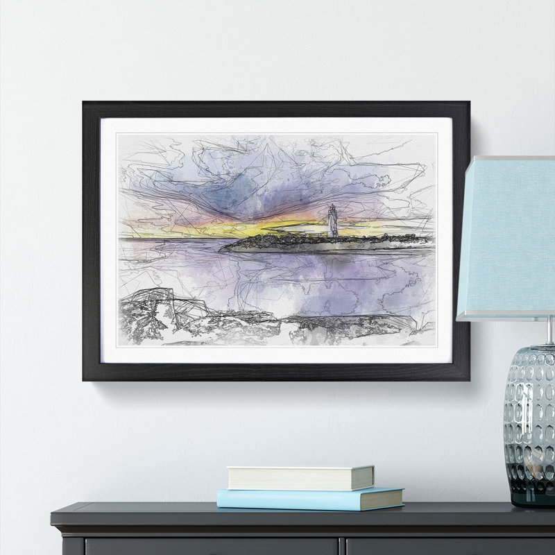 Remote Lighthouse & Seascape Sketch - Picture Frame Graphic Art Print, 62cm H x 87cm W x 2cm D, Black Framed