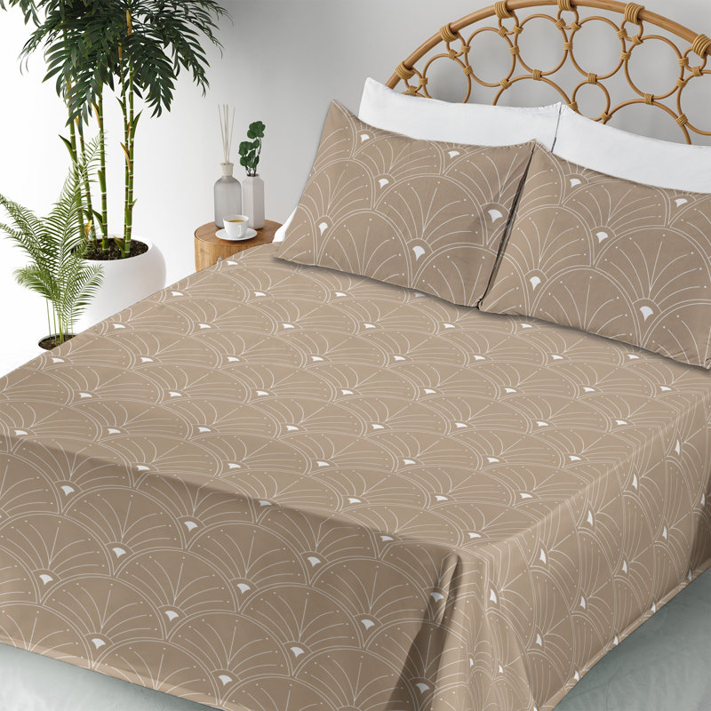 Microfiber Sheet Set, Full Sheet Set with 2 Pillowcases, Pale Brown/White Geometric