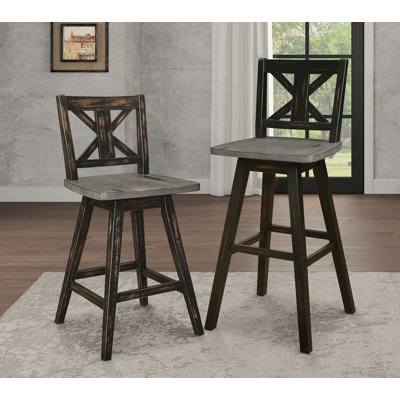 Pub Height Chairs Set Of 2, Distressed Gray And Black 360-Degree Swivel Chair Solid Rubberwood Furniture, X-Back Bar Chairs