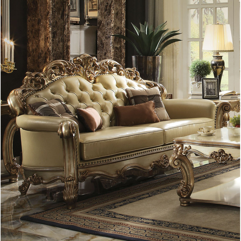 ACME Vendome Chairez w/3 Pillows, Bone Synthetic Leather & Gold Patina, Bone, Gold, 48" H x 70" W x 43" D