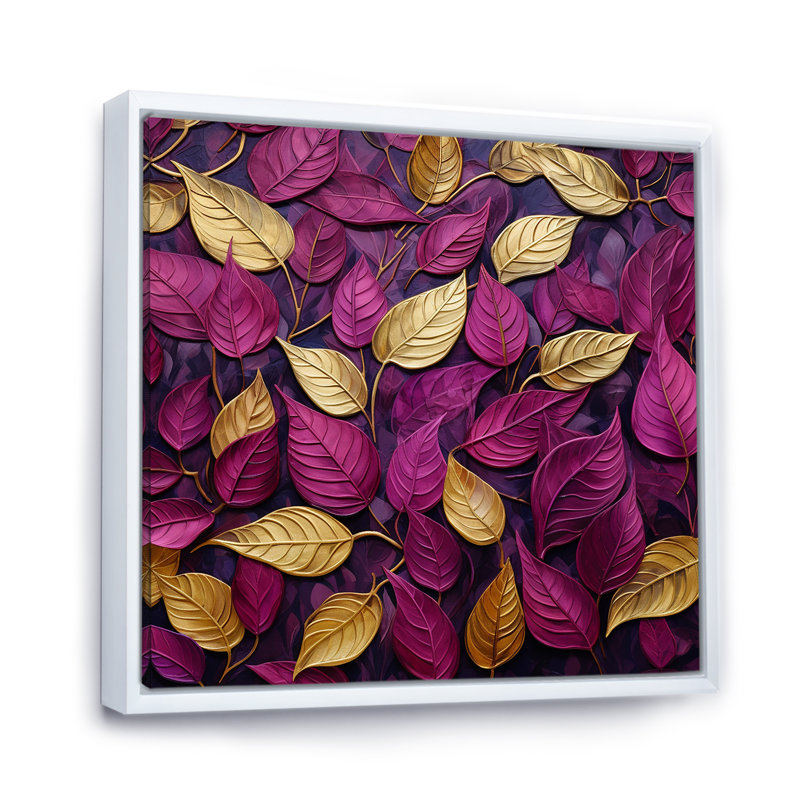 Feuilles dorées et roses charmantes I, Cadre flottant blanc, H 16 po x l 16 po x P 1 po