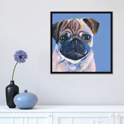 " Pug On Blue, Square " by Kirstin Wood