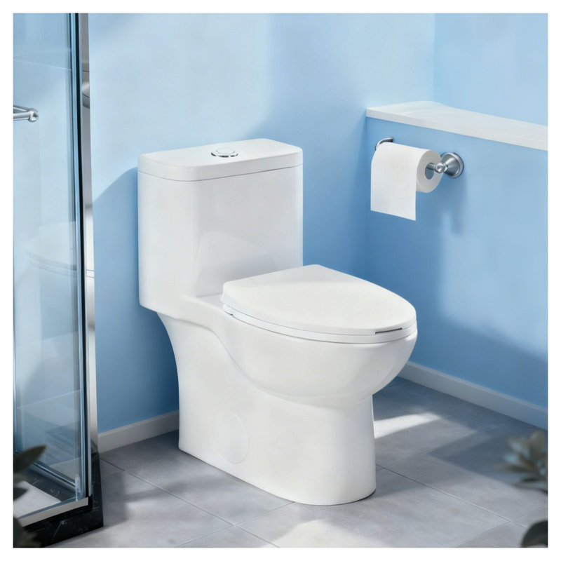 Toilette allongée une pièce en céramique blanche avec système de chasse double, siège à fermeture en douceur et hauteur confortable