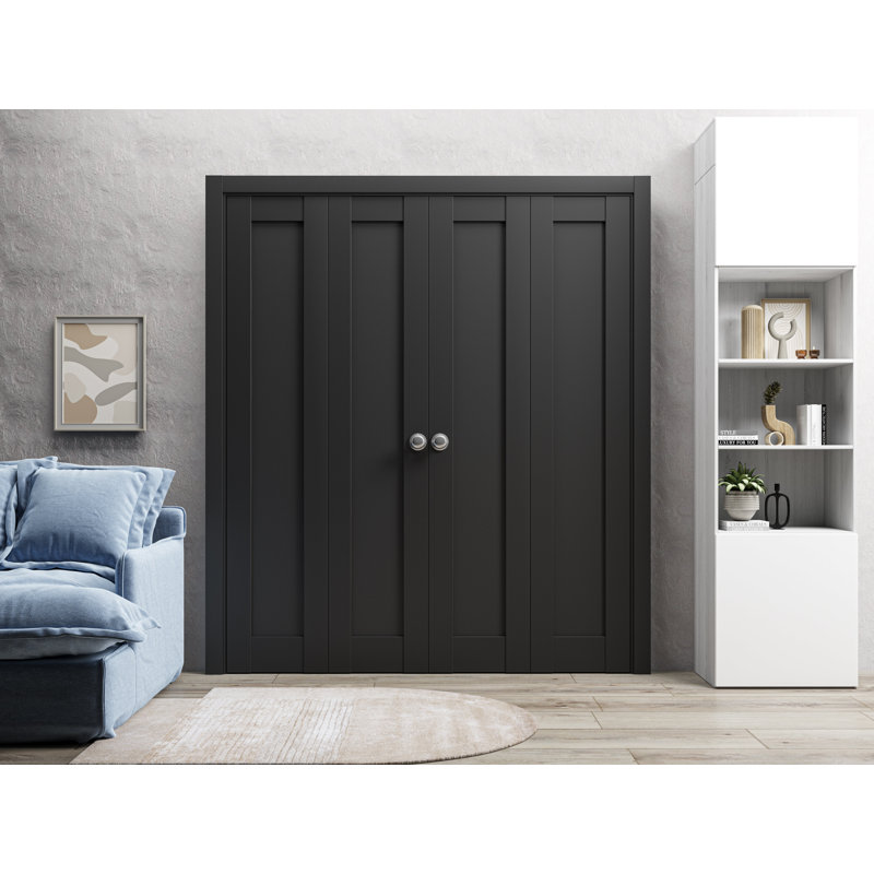 Sliding Closet Double Bi-fold Doors 72" x 80" (4* 18x80) Quadro 4111 Matte Black Sturdy Tracks Moldings Trims Hardware Set Wood Solid Bedroom Wardrobe Doors