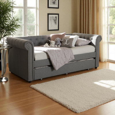 Trellis Twin Size Modern Fabric Trundle Daybed in Grey, 37.09'' H X 43.28'' W X 95.16'' L