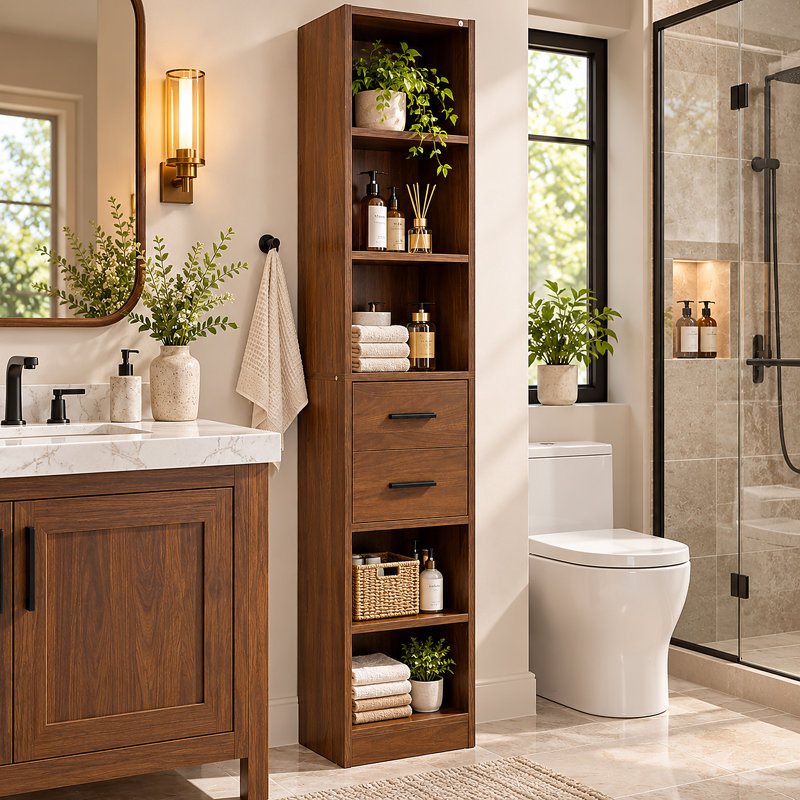 71" Tall Narrow Bathroom Storage Cabinet, Slim Freestanding Linen Tower with 5 Open Shelves and 2 Drawers