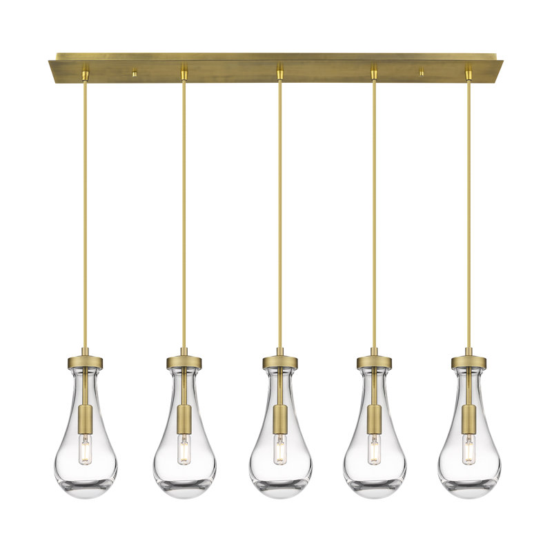 Luminaire suspendu pour îlot de cuisine à 5 lumières Resch, Laiton brossé, Transparent
