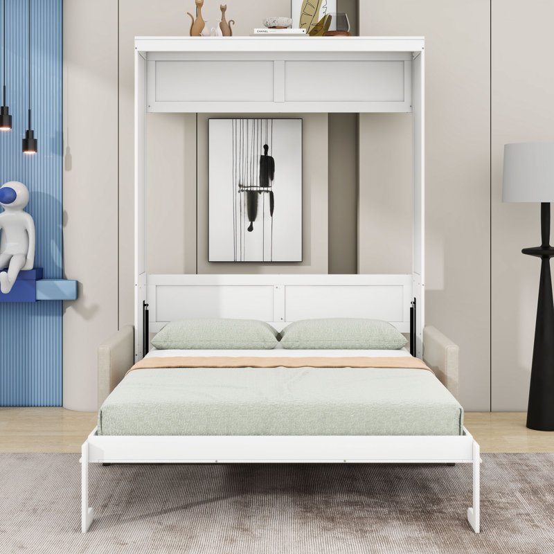 Wooden Murphy Wall Bed with Sofa, Full, White