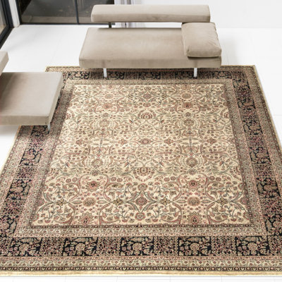 Tapis beige et noir noué à la main de haute qualité