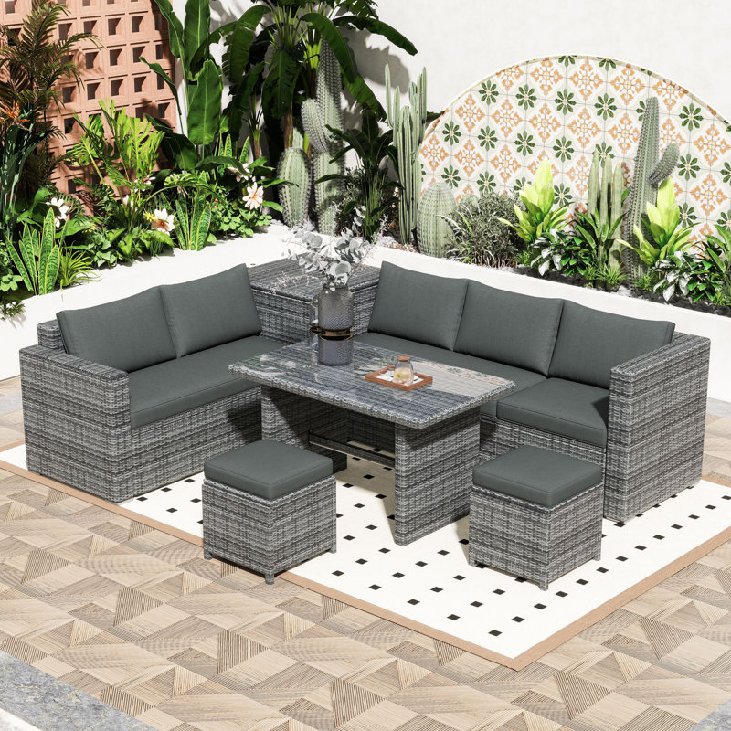 6-Piece Outdoor Sectional Sofa Set with Adjustable Backrests, Spacious Storage and Glass-Top Table, Grey