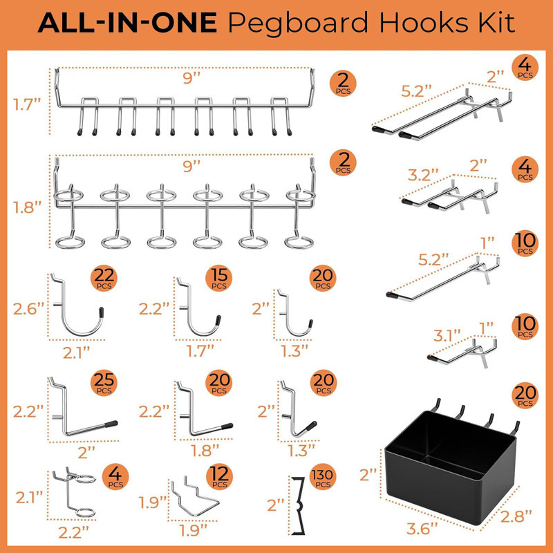 Ensemble d'accessoires pour panneau perforé de 320 pièces avec crochets et bacs, organisateur d'outils pour panneau perforé de 3 mm et 6 mm (rangement de garage)