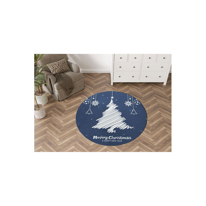 Tapis lavable décoratif bleu à motif d'ornement, Rond 3 pi 11 po 