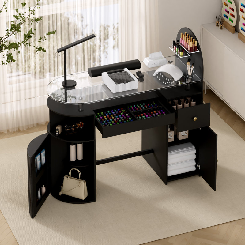 Table de manucure avec collecteur de poussière, bureau professionnel Nail Tech avec plateau en verre trempé, armoire de rangement et tiroir