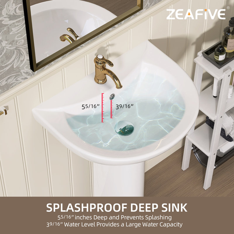 Modern U-Shape White Pedestal Bathroom Sink With Overflow
