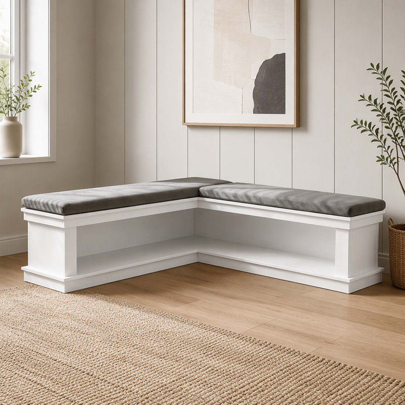 Banc de rangement rembourré en forme de L de 63 pouces, banc à chaussures d'entrée avec étagères ouvertes