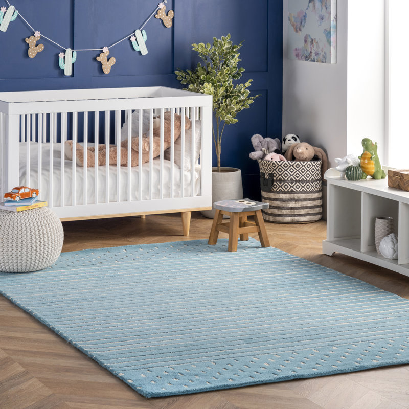 Clarita Striped Wool Baby Blue Area Rug, Rectangle 6' x 9'