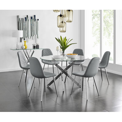 Tierra Sleek Metal and Glass Round Dining Table Set with 6 Faux Leather Upholstered Dining Chairs