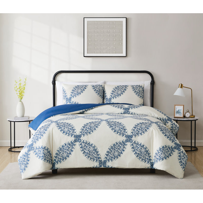 Ensemble d'édredon en microfibre bleu / crème, 1 édredon de très grande taille et 2 taies déco