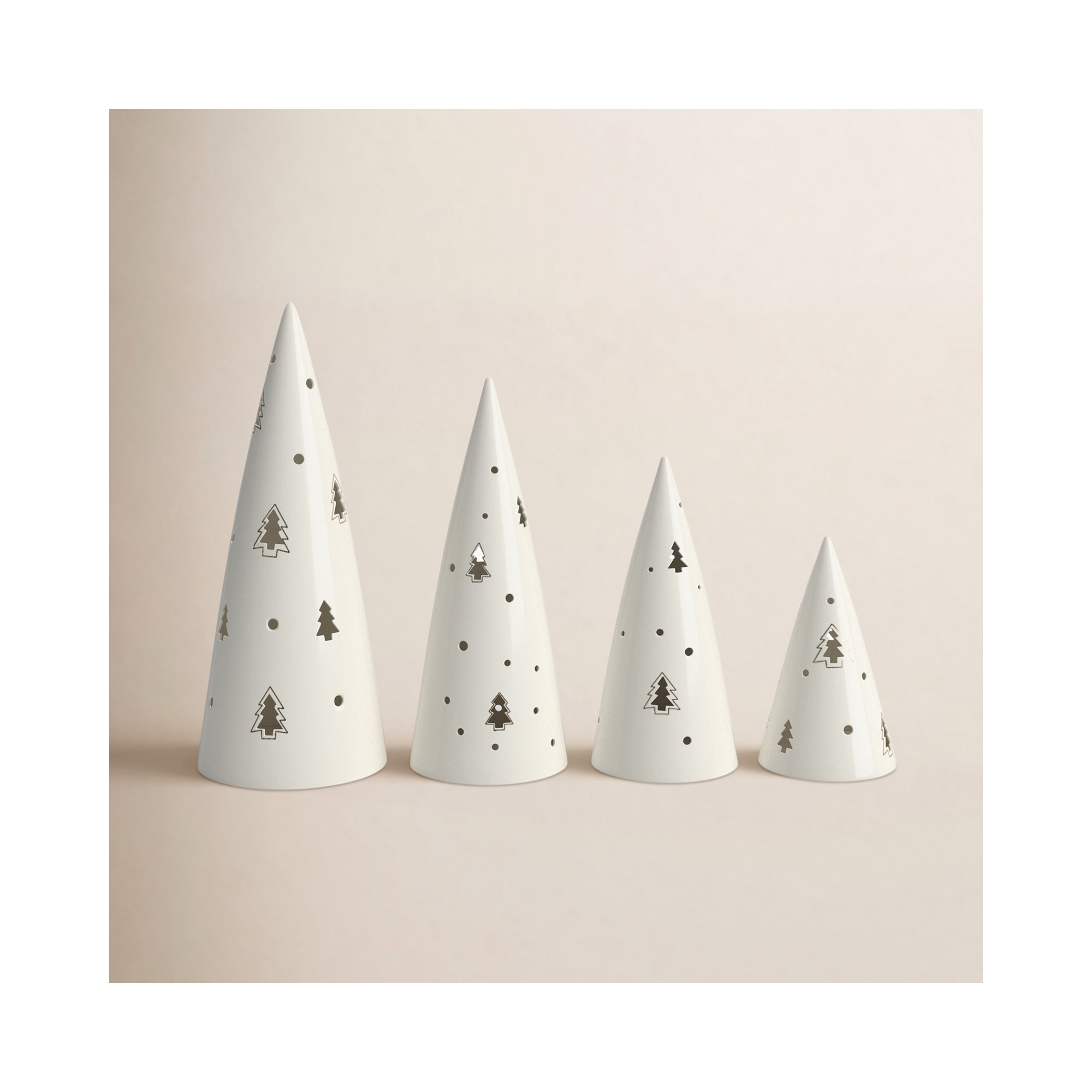 10.75"H, 9"H, 7"H And 5.5"H Lighted Porcelain Cone Trees; White