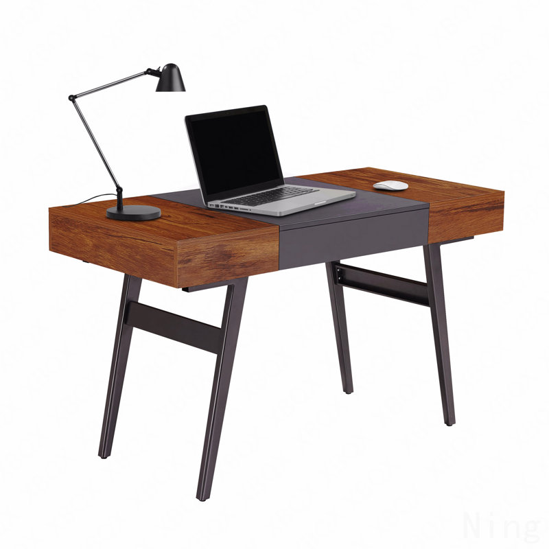 Writing Desk - Dual Side & Pull-Out Front Drawer - Coated Steel Frame - Mahogany