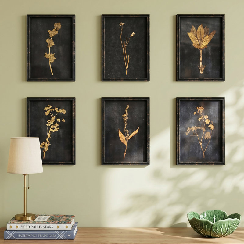  Botanical Prints Under Glass 14"H – Distressed Black Wood Frame Farmhouse Wall Decor (Set of 6)