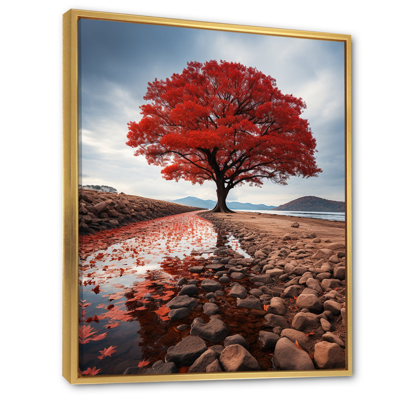 Reproduction d'art sur toile, arbres monochromes rouges et gris «Solitude I», H 20 po x l 12 po x P 1 po, Cadre flottant doré