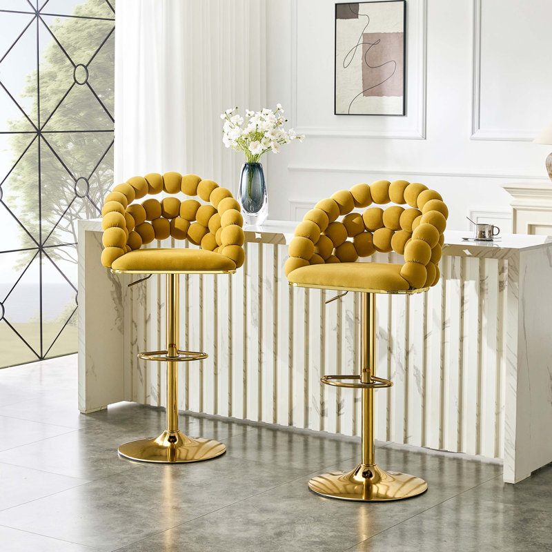 Tabouret de bar pivotant en velours de luxe avec dossier à bulles et structure en métal doré pour îlot de cuisine moderne