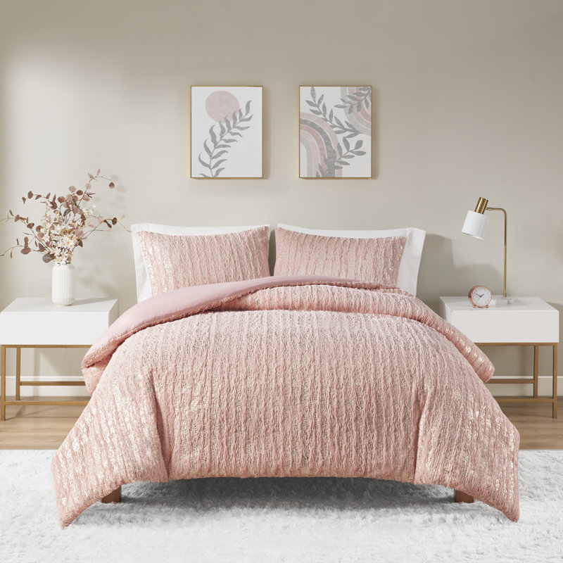 Metallic Print Faux Fur Duvet Cover Set, Full/Queen Duvet Cover + 2 Standard Shams, Blush/Gold