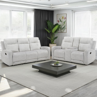 Hust Modern & Contemporary Manual Reclining 2-Piece Living Room Set with Two-tone Upholstery (Microfiber & Corduroy), Effortless Tab Pull Motion & Foa