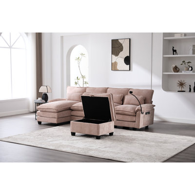 Canapé-lit à 4 places en U pour le salon, tissu en chenille doux, structure en bois massif, ports intégrés et de type C, repose-pieds mobile avec rangement, sacs de rangement double côté, sièges en U modulaires de 106 po,