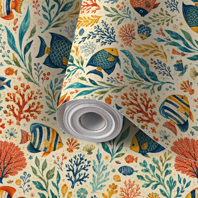 Peel and Stick Wallpaper Contact Paper Colorful Tropical Reef Fish Coral Seamless Self Adhesive and Removable 17.7in x 118in(45x300cm)