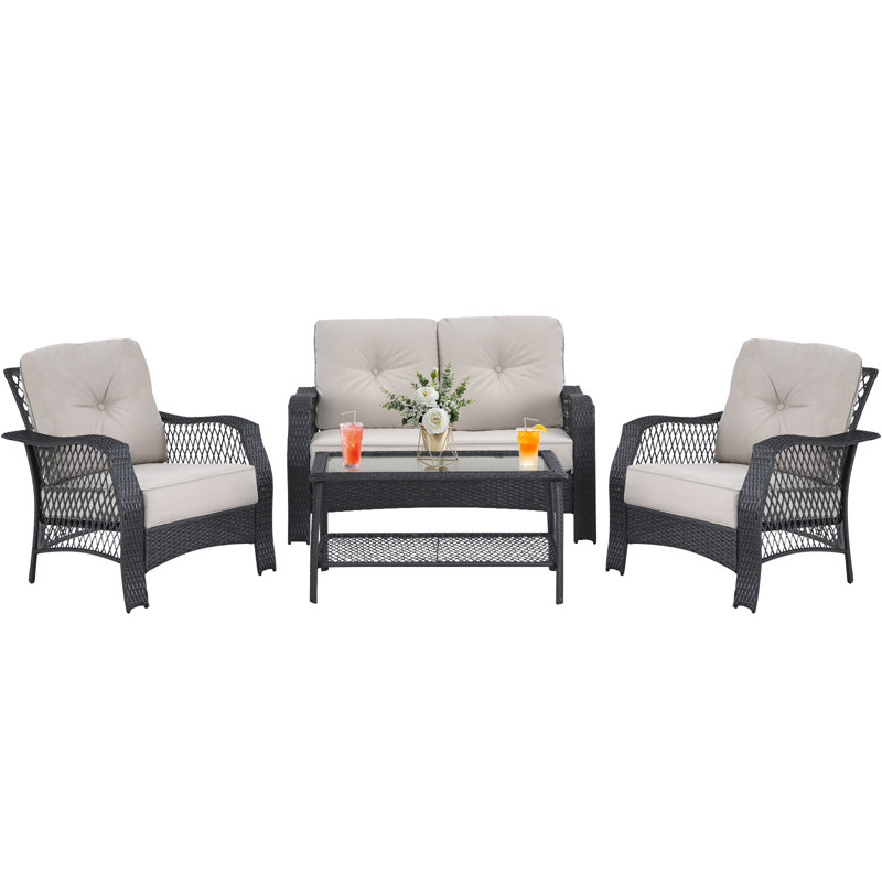 Ensemble de conversation d'extérieur en rotin 4 pièces avec table basse en verre trempé Patiojoy