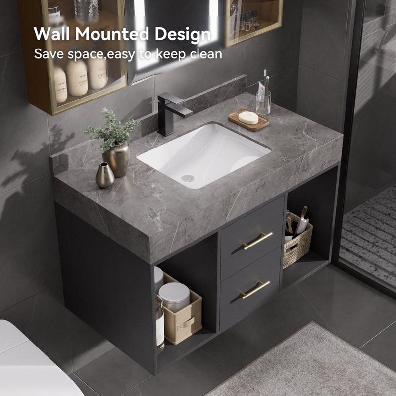 Chiverton Bathroom Vanity Set 35.4" Modern Floating Wall-Mounted Vanity with Sintered Stone Undermount Sink, Black/Gold, Grey