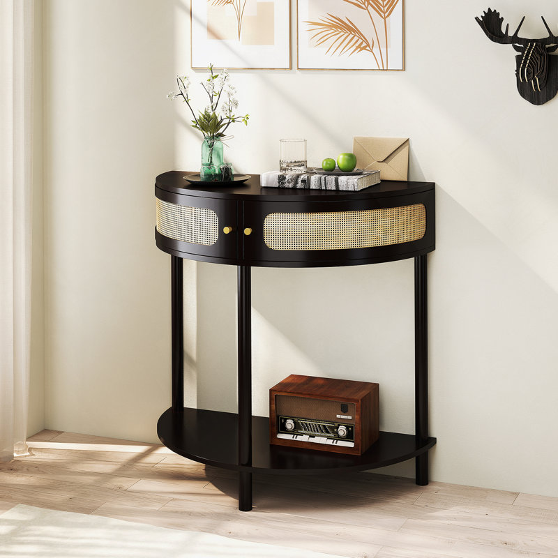 Table de bout unique en forme de demi-lune avec porte coulissante en rotin, entrée élégante en demi-cercle